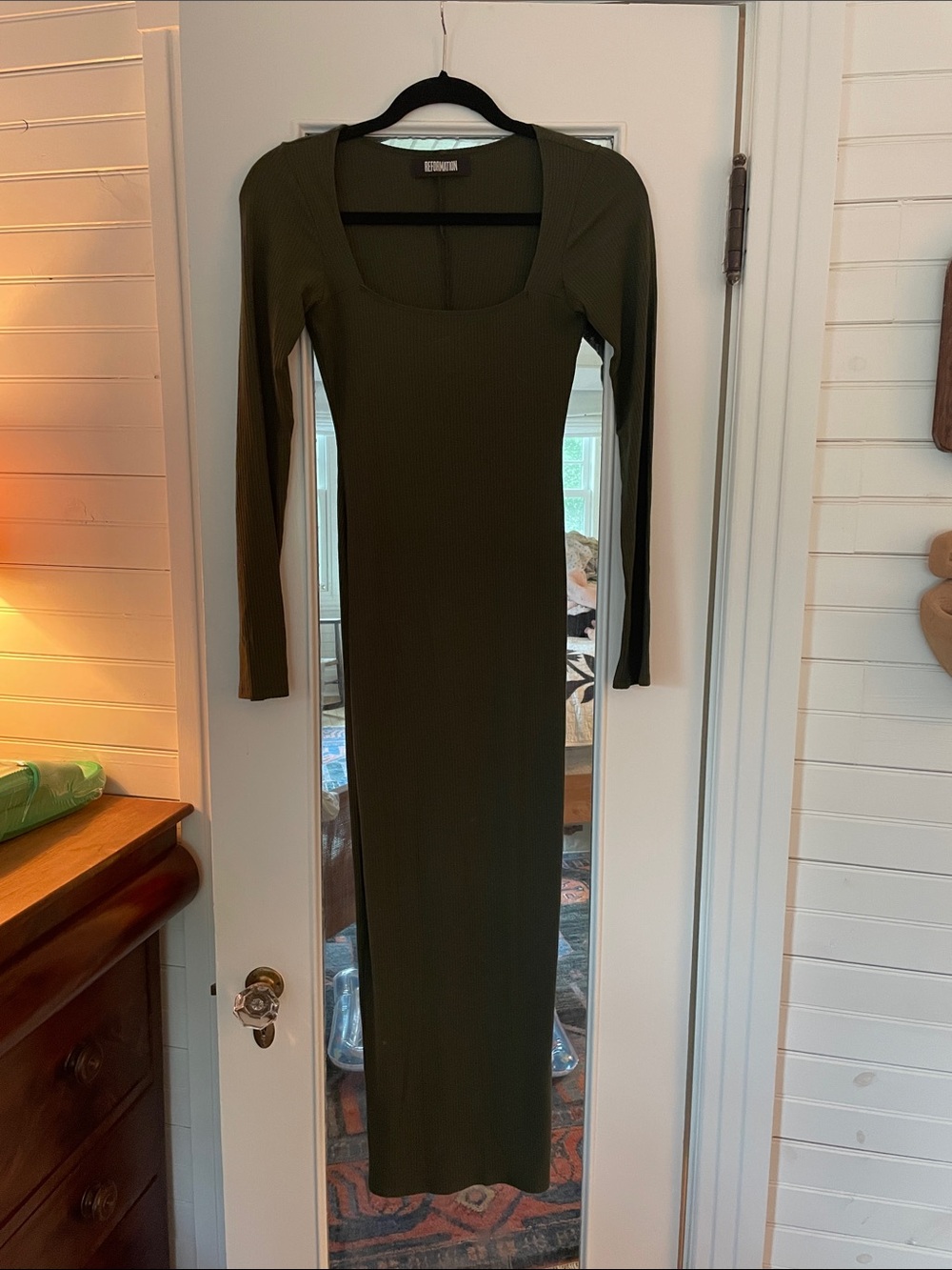 Reformation Olive Green Long Sleeve Ribbed Maxi Dress